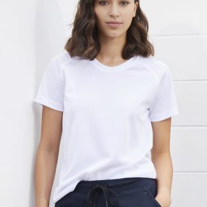 A white women's short sleeve tee displayed on a model, featuring a simple design and a round neckline.