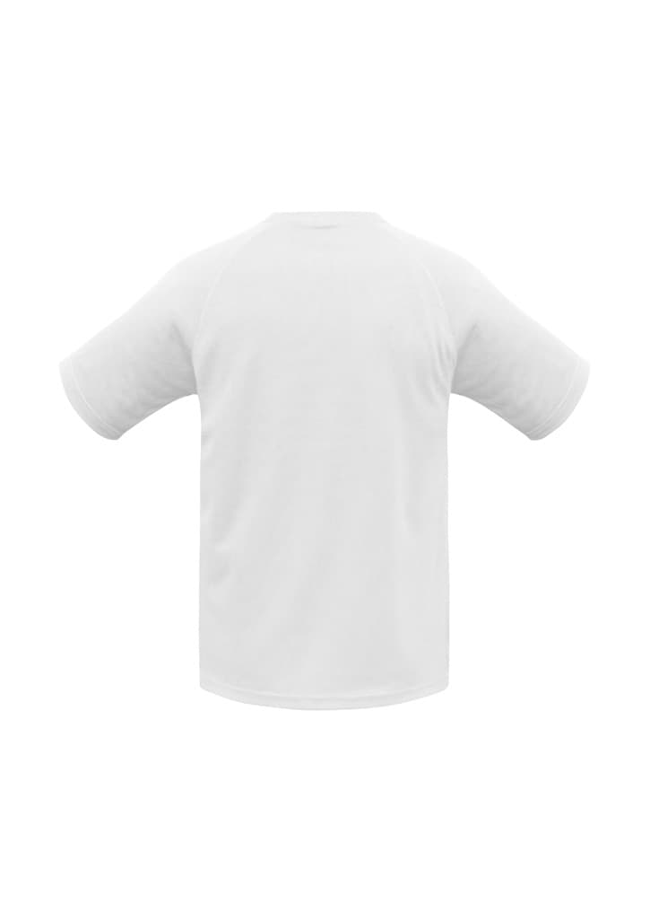 A white short sleeve tee with a raglan design and a logo at the back.
