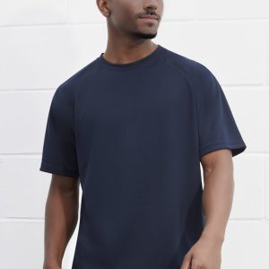 A navy blue short sleeve tee featuring a classic design and relaxed fit, with a logo on the chest.