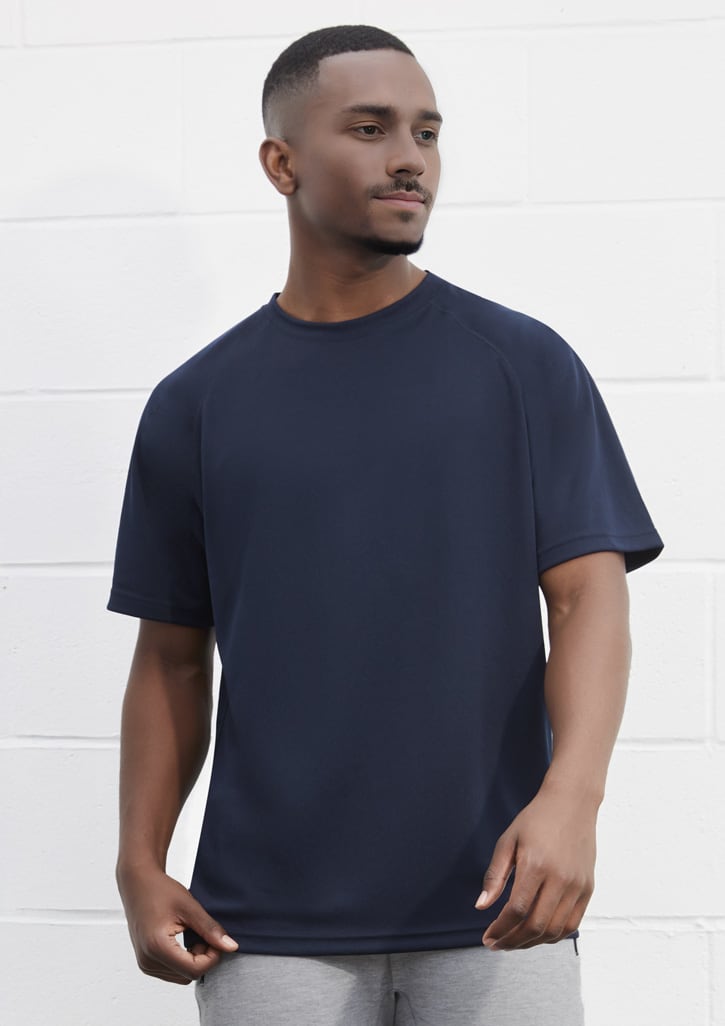 A navy blue short sleeve tee featuring a classic design and relaxed fit, with a logo on the chest.