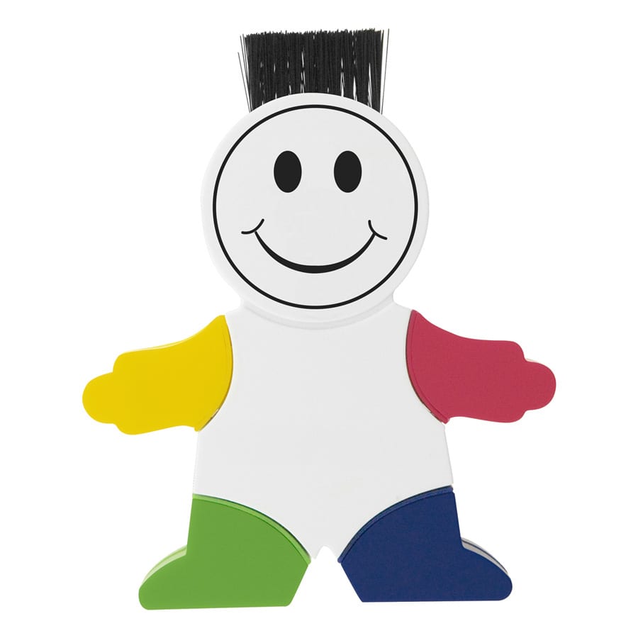 A smiling figure-shaped highlighter with yellow, red, green, and blue arms, and a brush-like top. It features a logo.
