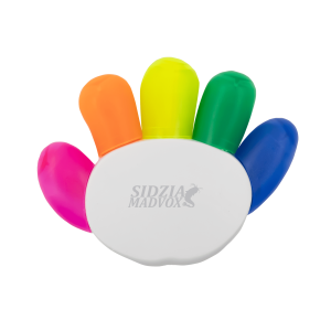 A set of five highlighters in pink, orange, yellow, green, and blue, shaped like a hand with a white base featuring a logo.