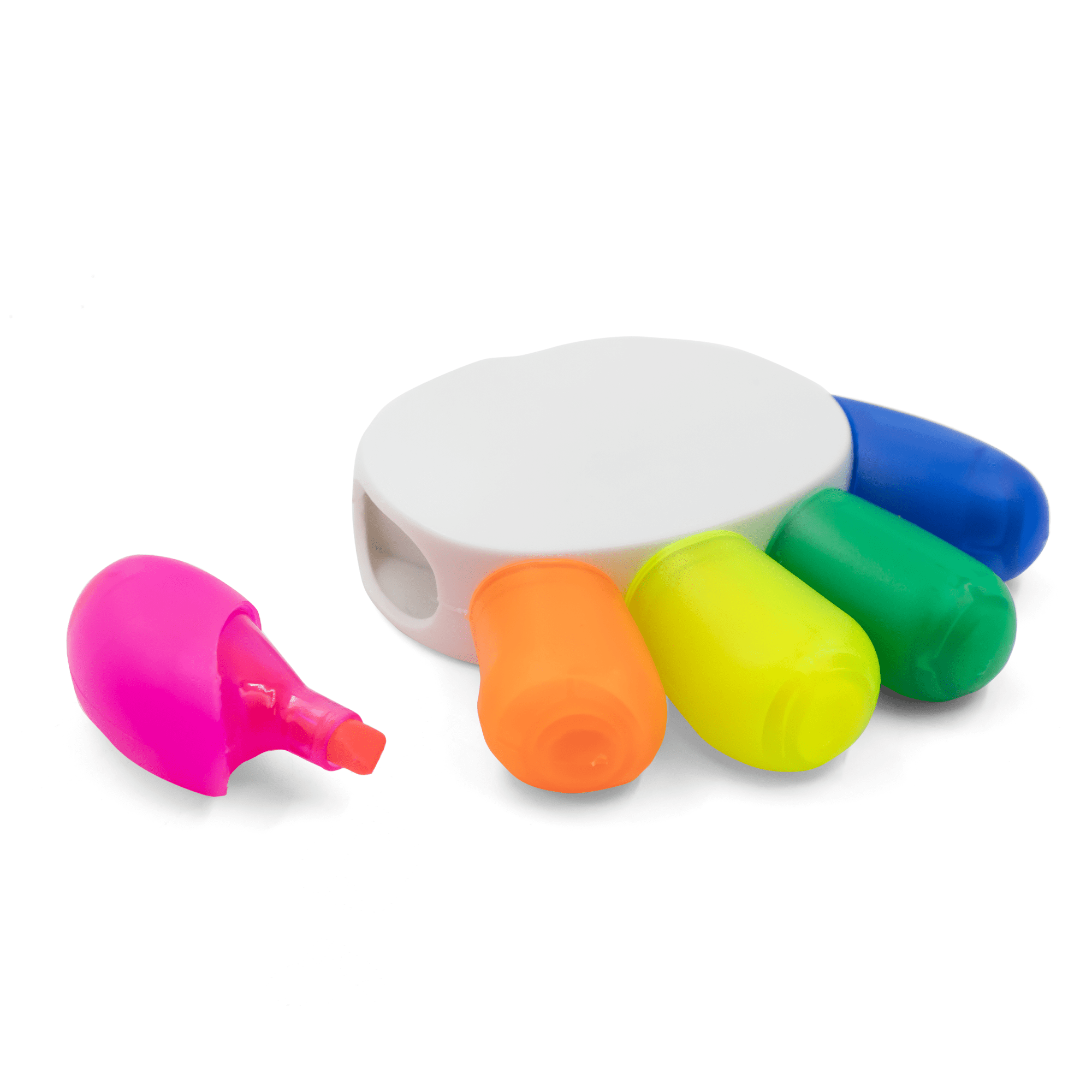 A set of highlighters in pink, orange, yellow, green, and blue, housed in a white holder with one cap removed.
