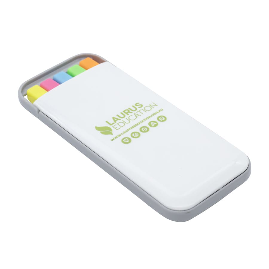 A highlighter set in a slim case featuring pink, orange, yellow, green, and blue highlighters. The case includes a logo.