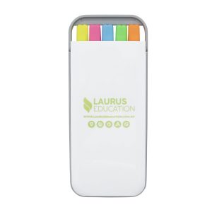 A highlighter set in a white case featuring pink, blue, green, yellow, and orange highlighters. The case has a logo.
