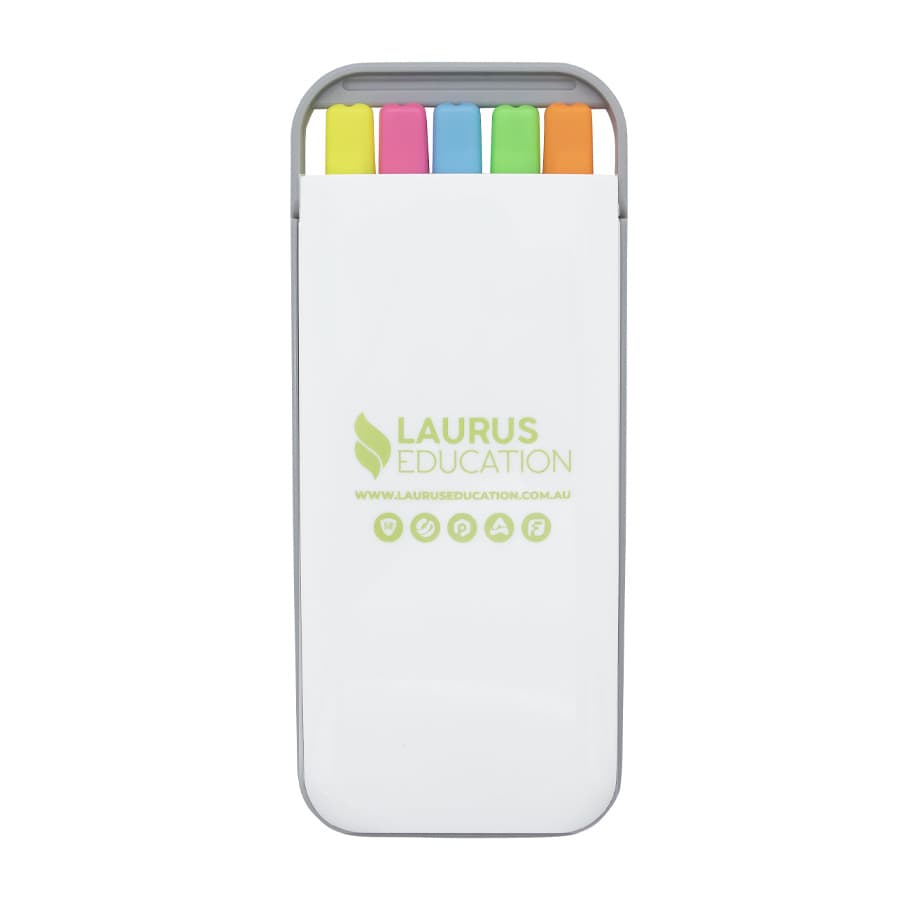 A highlighter set in a white case featuring pink, blue, green, yellow, and orange highlighters. The case has a logo.