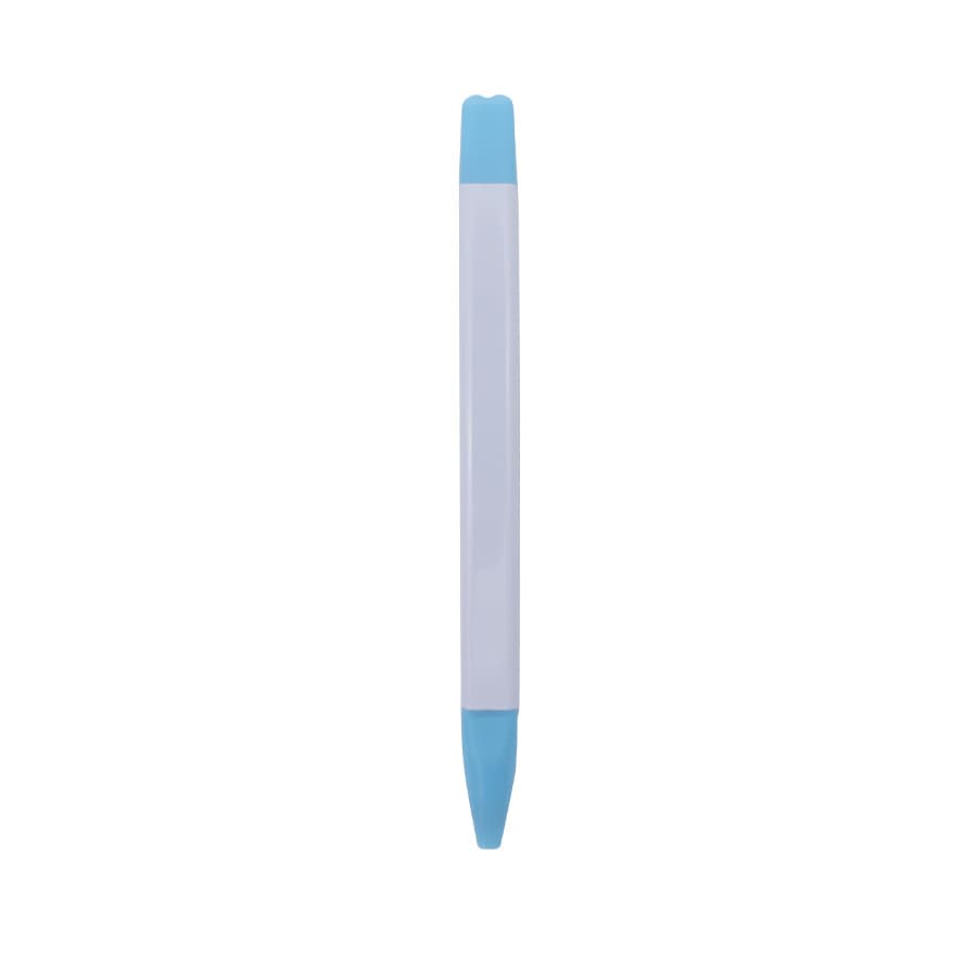 A highlighter in blue with a white body, featuring a branding logo.