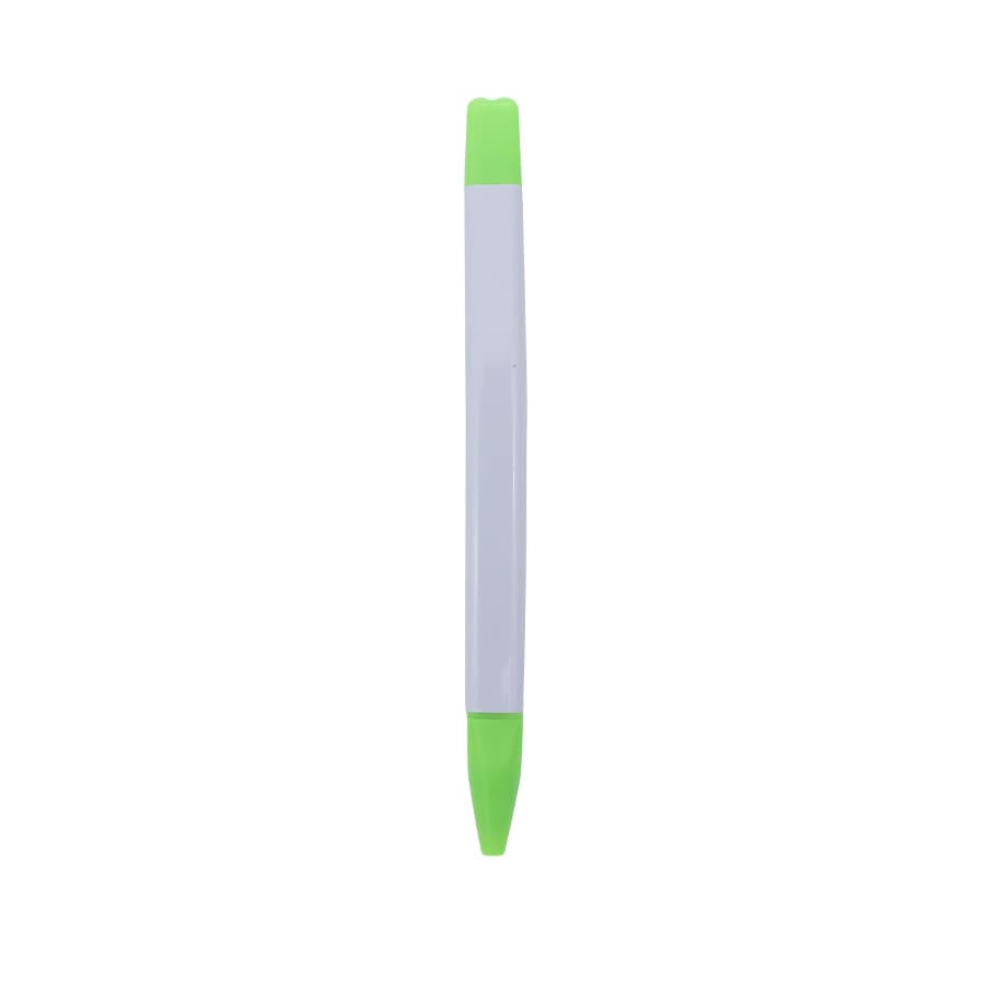 A highlighter with a white body and vibrant green ends, featuring a branding logo.