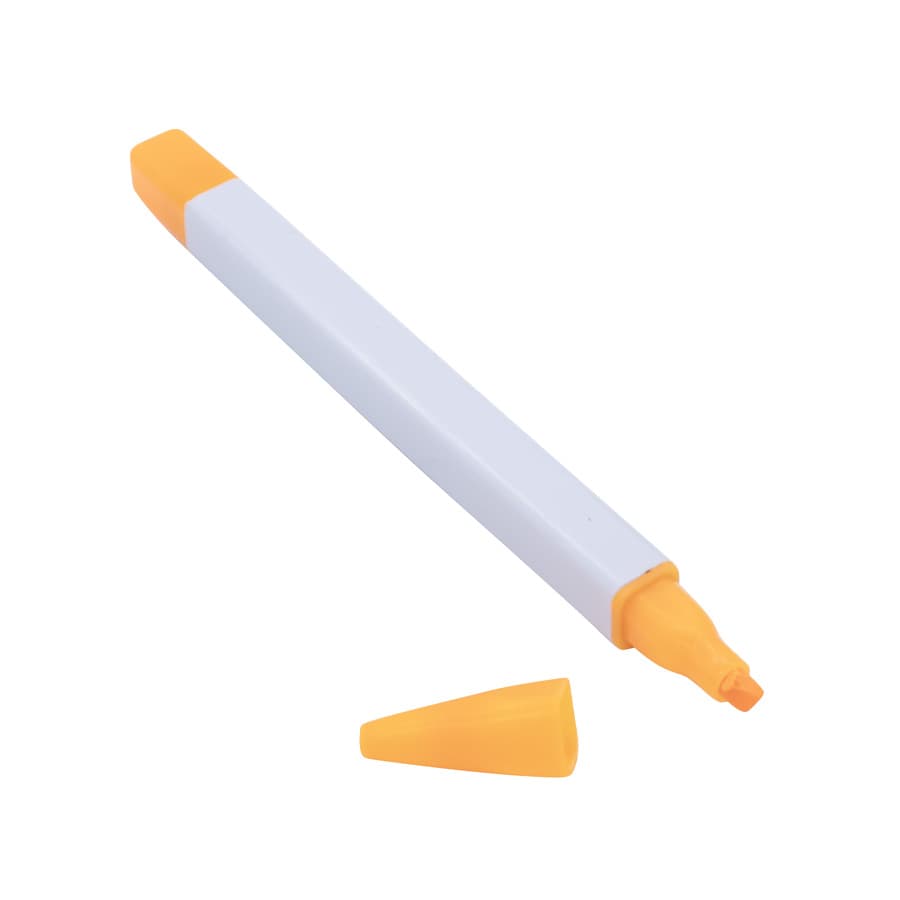 A highlighter with a white barrel and orange cap and tip, featuring a logo on the side.