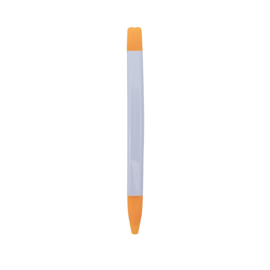 A highlighter with a white body and orange cap and tip. It features a logo on the body.