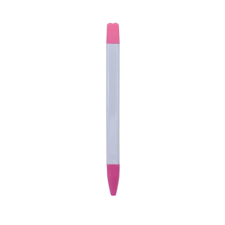 A highlighter with a pink cap and a white body, featuring a branding logo on the side.