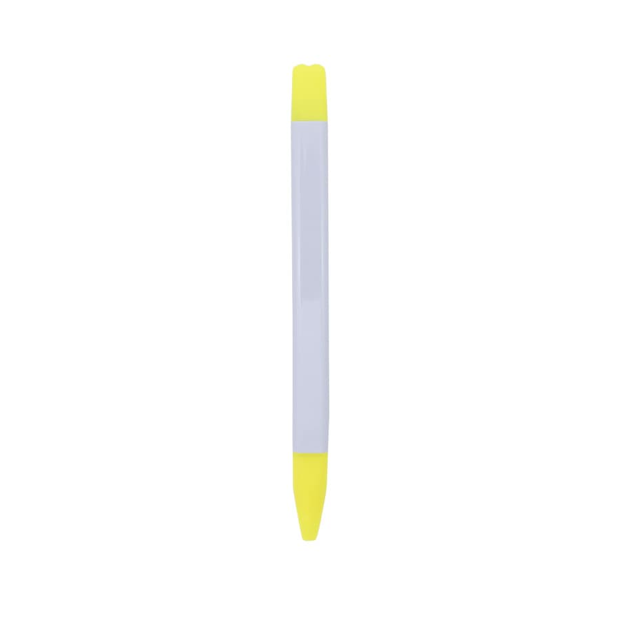A yellow highlighter with a white body, featuring a pointed tip for precise highlighting. Includes a logo on the side.