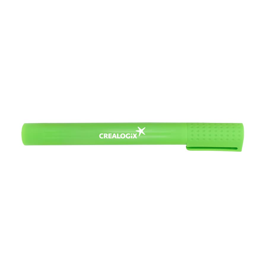 A green jumbo highlighter with a textured grip and a clip, featuring a logo on its side.