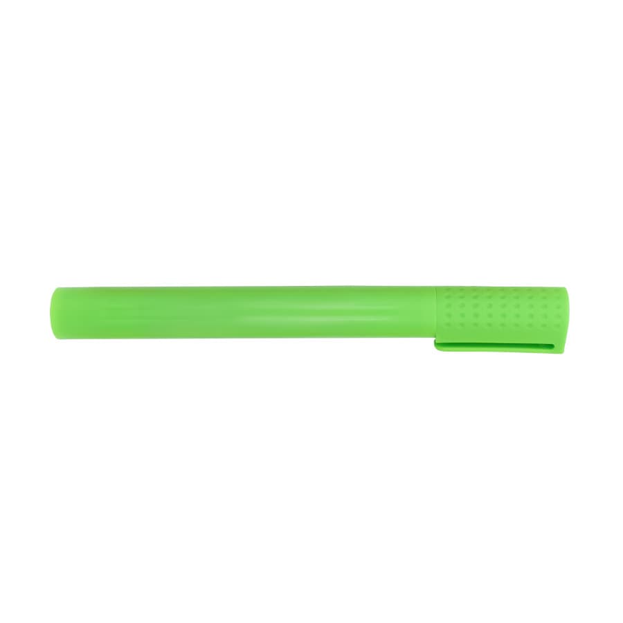 A green jumbo highlighter with a textured grip and a click cap, featuring a logo on the barrel.