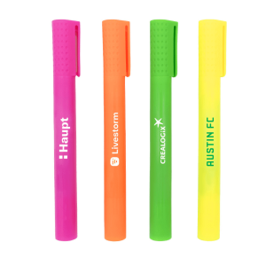 Four scented jumbo highlighters in pink, orange, green, and yellow, each featuring a different logo.