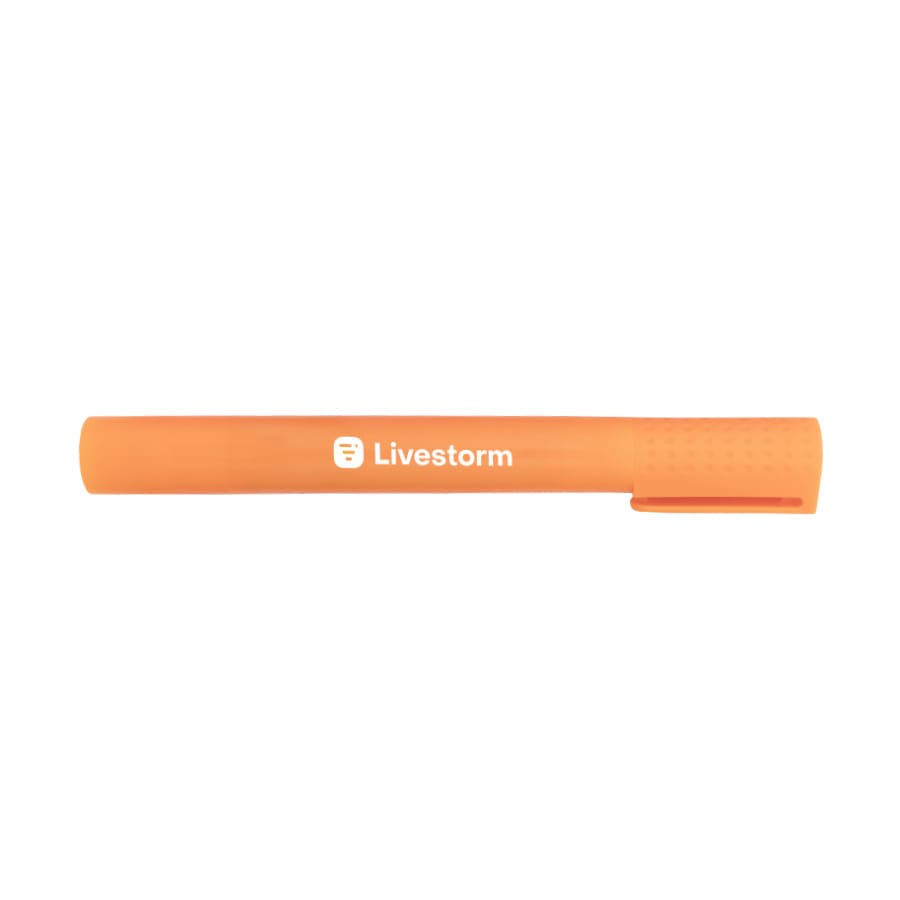 An orange highlighter with a textured grip and a branding logo on the side.