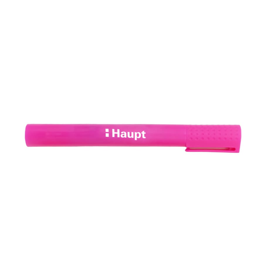 A pink highlighter with a textured grip and a branding logo on the side.