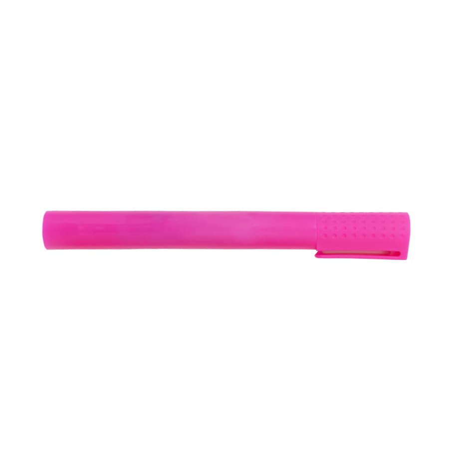 A pink jumbo highlighter with a textured grip and a clip on one side. It has a branding logo near the end.