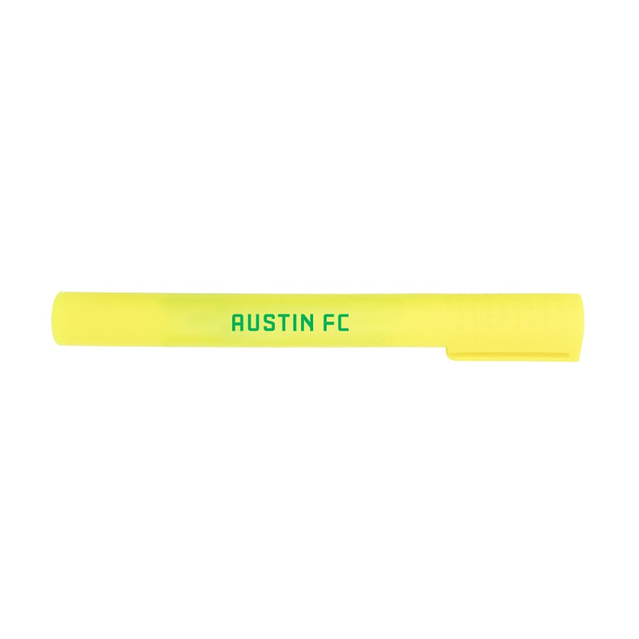 A yellow jumbo highlighter with a clip and a logo, featuring a smooth, rounded design.