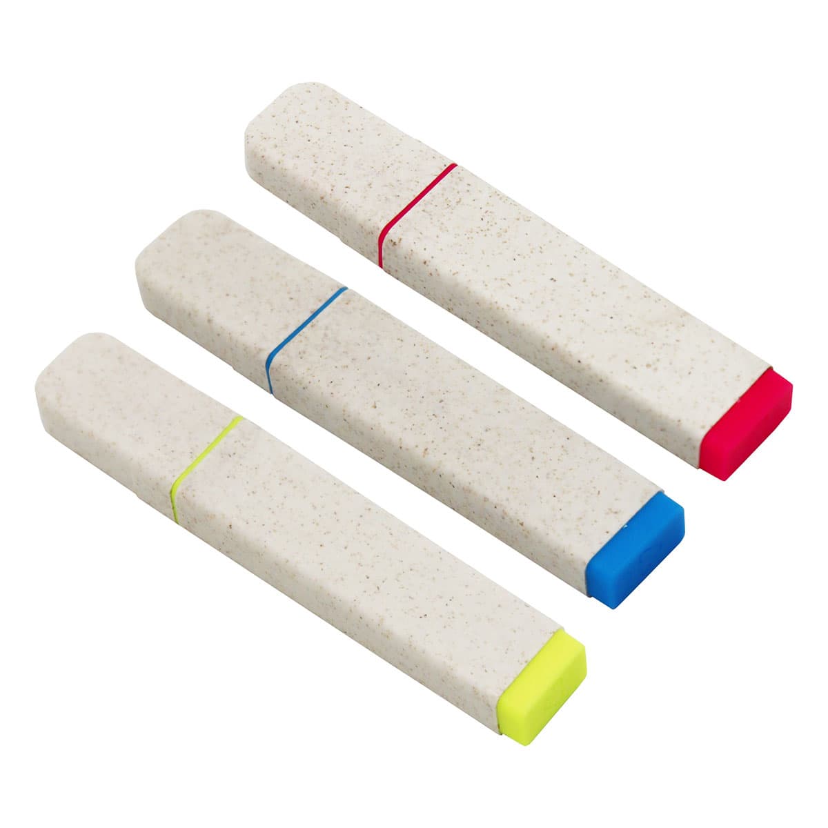 Three eco-friendly highlighters in white with coloured caps: pink, blue, and yellow. Each has a branding logo.