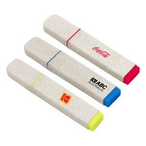 Three eco-friendly highlighters in grey with coloured tips: pink, blue, and yellow. Each has a logo.