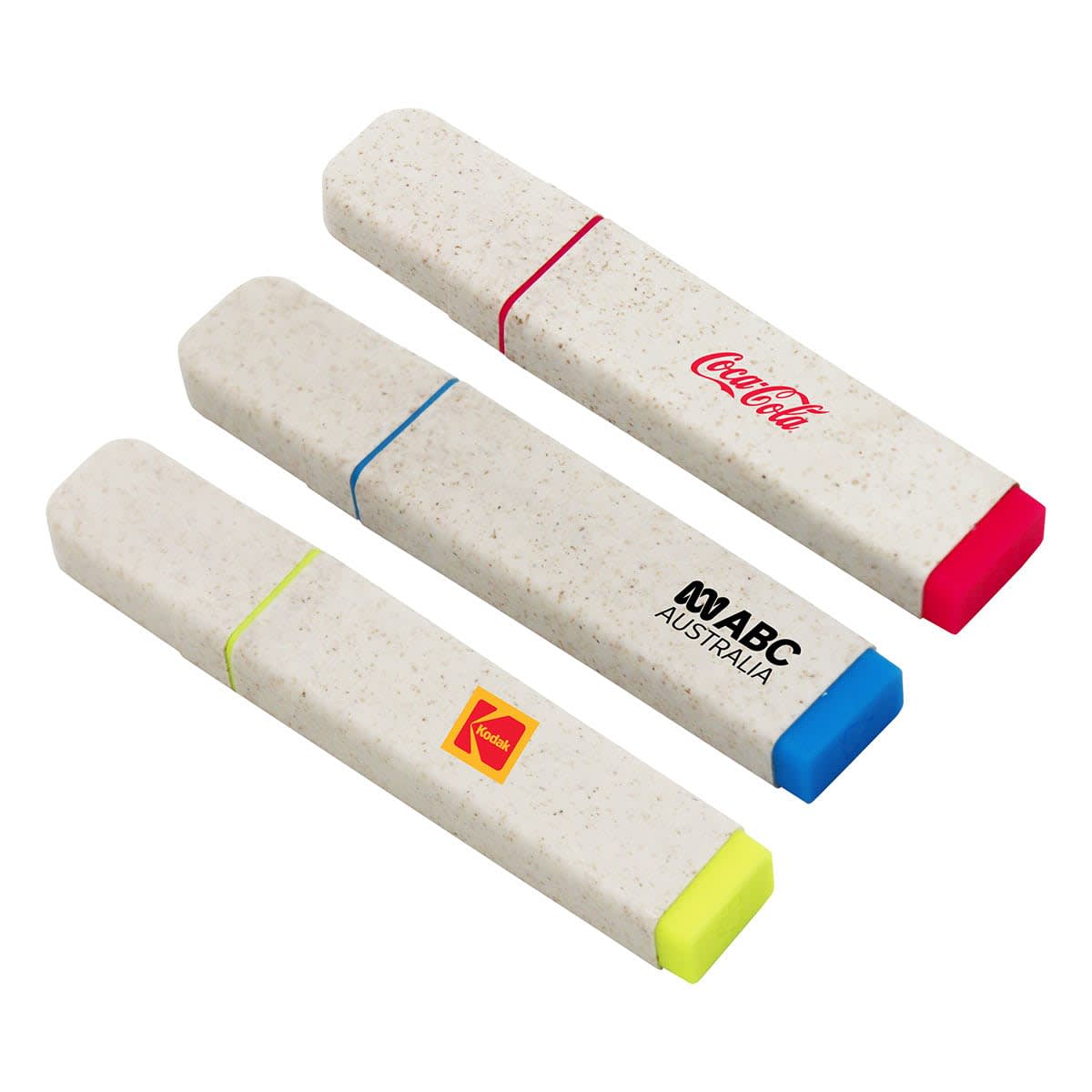 Three eco-friendly highlighters in grey with coloured tips: pink, blue, and yellow. Each has a logo.