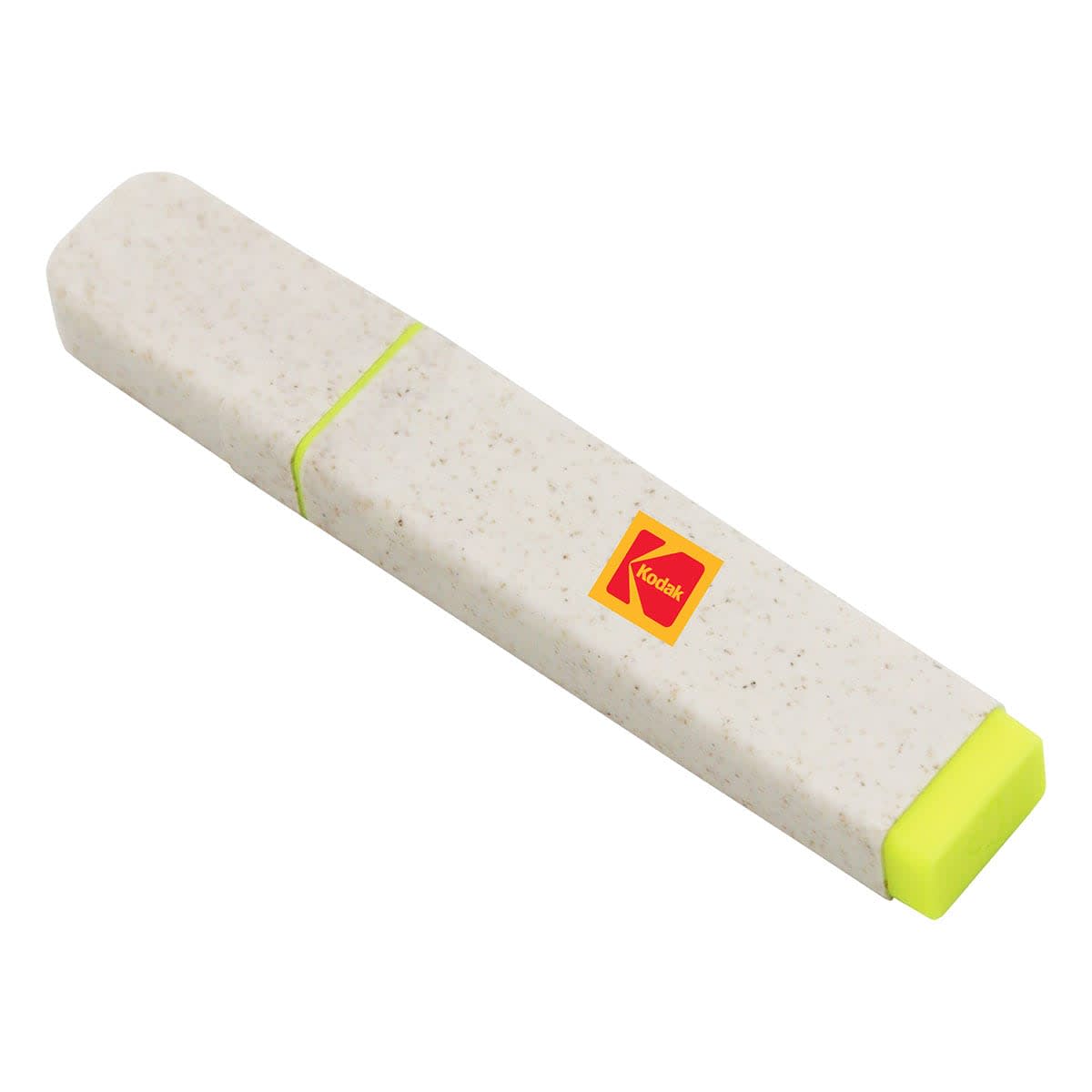 An eco-friendly highlighter in cream with a bright yellow end, featuring a logo.