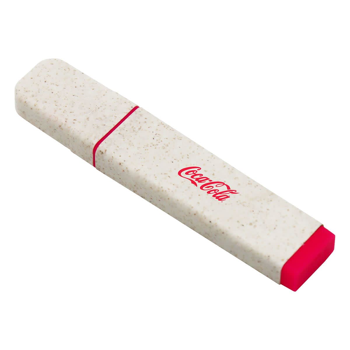 An eco-friendly highlighter in cream with a pink tip and featuring a logo.