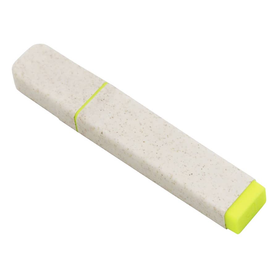 An eco-friendly highlighter in a speckled grey casing with a bright yellow tip and a logo present.