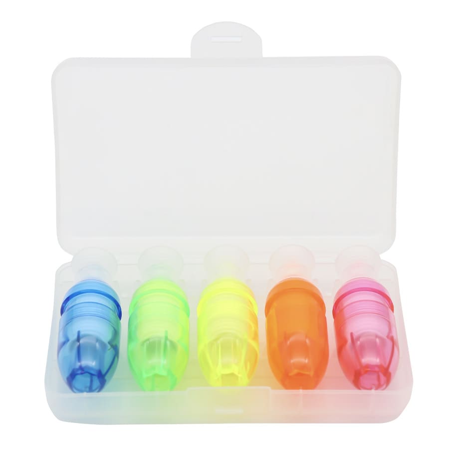 A set of five highlighters in blue, green, yellow, orange, and red, contained in a clear plastic case.