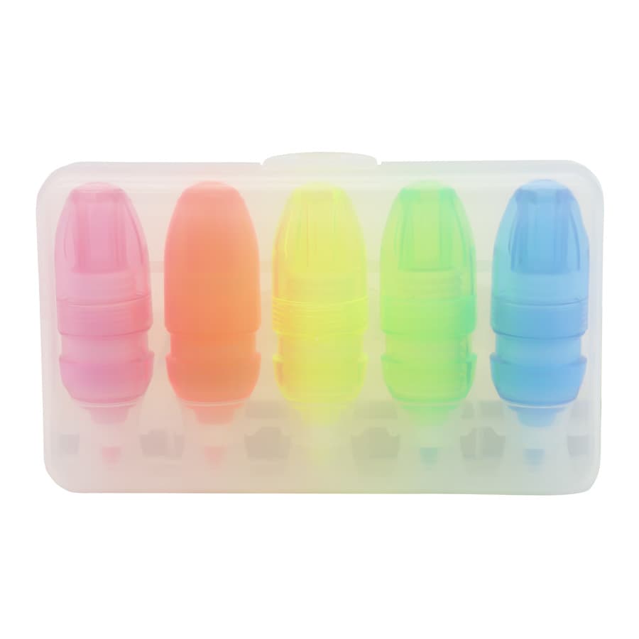 A set of five highlighters in pink, orange, yellow, green, and blue, housed in a clear plastic case with a logo.