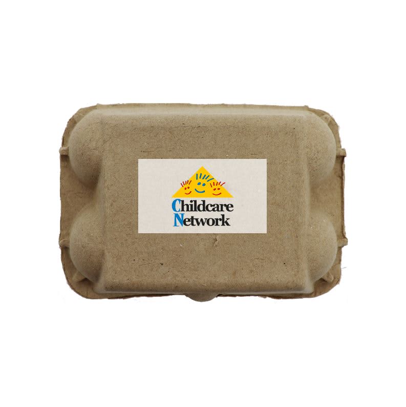 A cardboard egg carton featuring a logo on the top, in a natural brown colour.