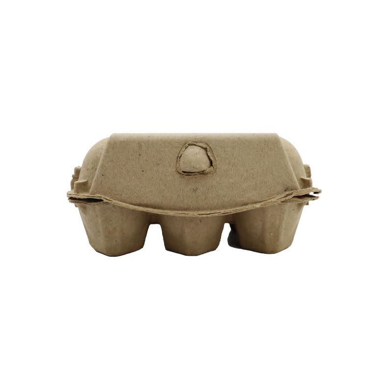 An egg carton made of brown recycled cardboard, featuring a simple, eco-friendly design. It has a logo on the side.