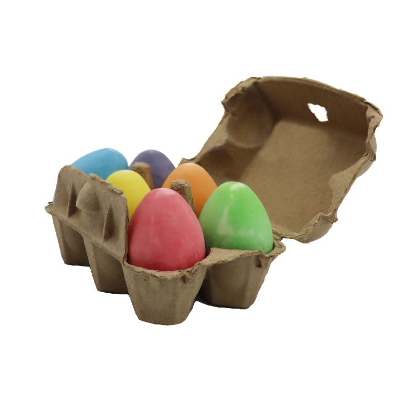 A carton contains six brightly coloured chalk eggs in shades of pink, blue, yellow, green, and purple.