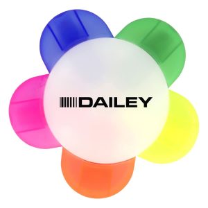 A flower-shaped highlighter with five petals in blue, green, pink, orange, and a central white area. It features a logo.