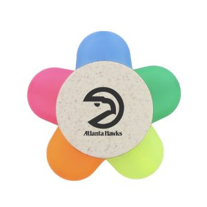 A flower-shaped highlighter set featuring pink, blue, green, orange, and yellow tips, with a central logo.