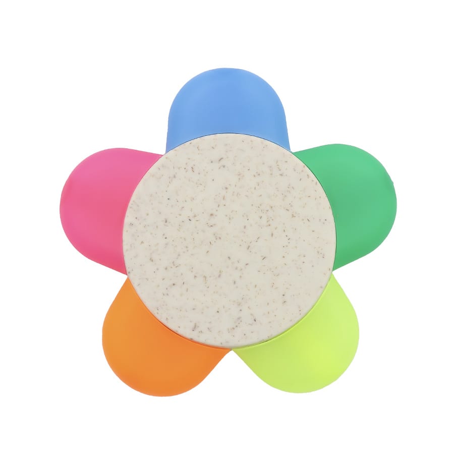 A flower-shaped highlighter with pink, blue, green, and orange petals surrounding a beige centre, featuring a logo.