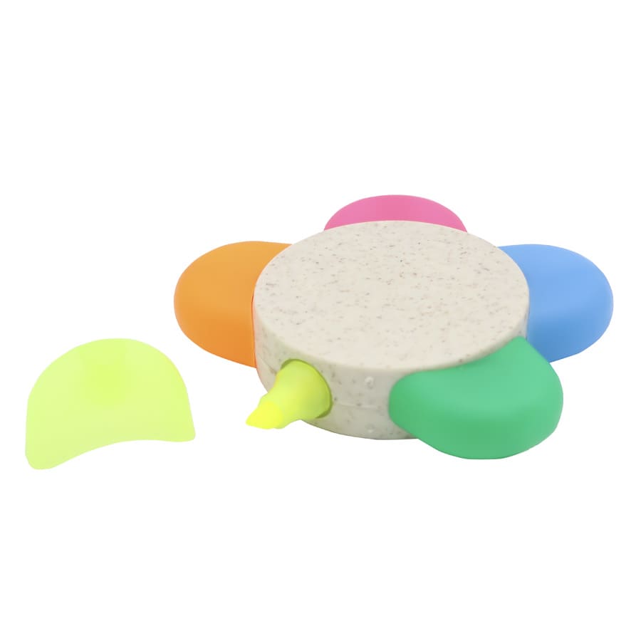 A flower-shaped highlighter set featuring yellow, pink, orange, blue, and green colours with a speckled base.