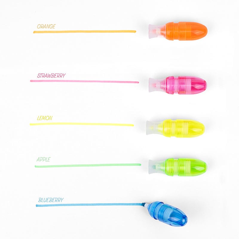 A set of highlighters in orange, pink, yellow, green, and blue, each with a matching swatch line. Each highlighter has a unique cap design.