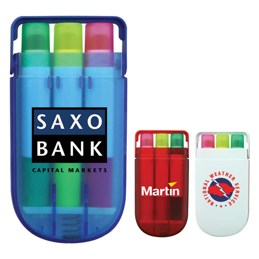A set of three gel highlighters in blue, pink, and green, housed in a transparent case with various branding.
