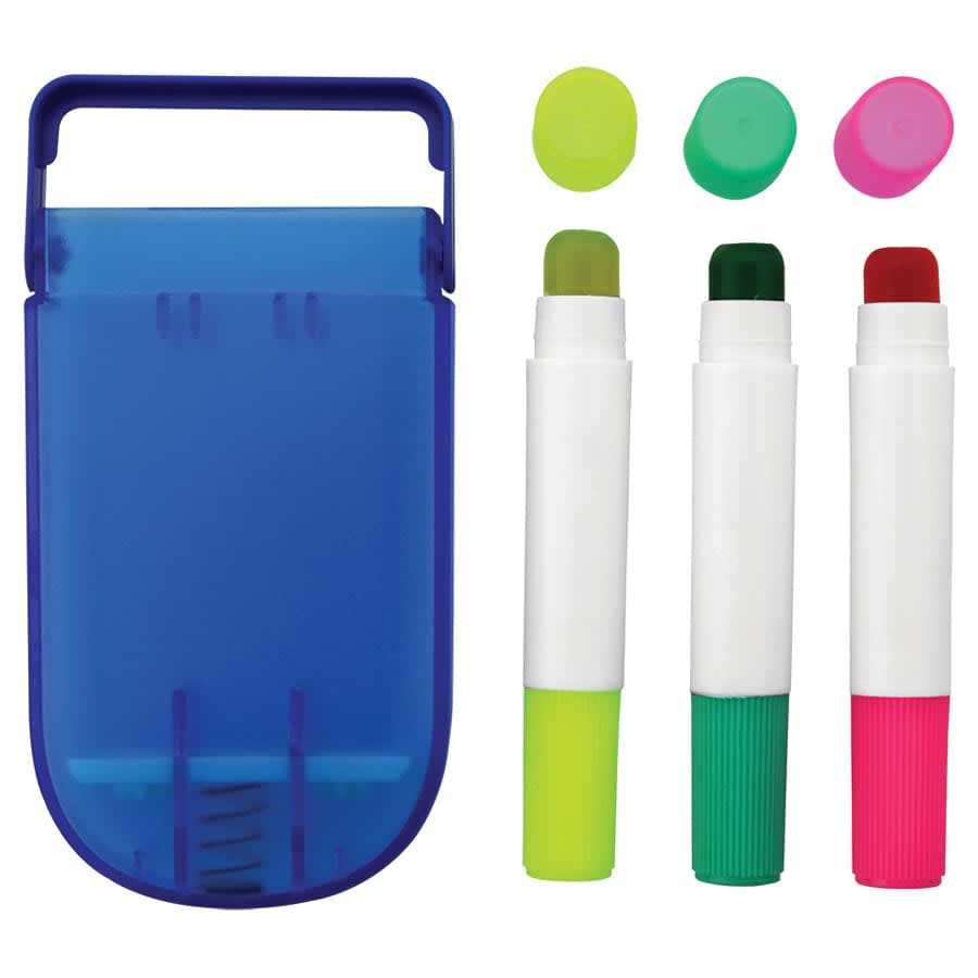 A blue case holds three highlighters in green, pink, and red, with yellow and green caps.