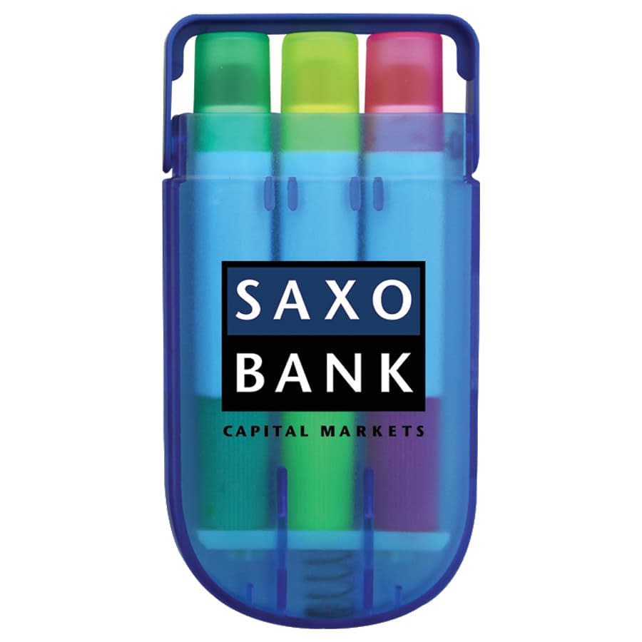 A set of three gel highlighters in green, pink, and yellow, enclosed in a blue plastic holder with a logo.