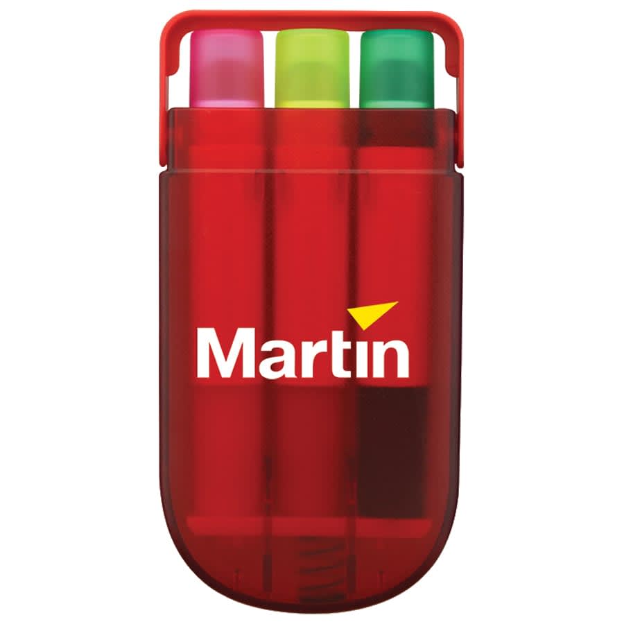 A red highlighter set containing three gel highlighters in pink, green, and yellow, enclosed in a plastic case with a logo.