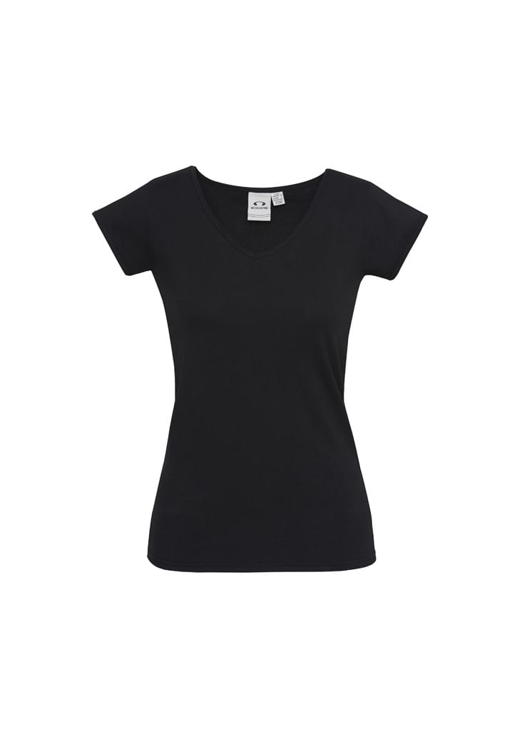 A black women's short sleeve tee with a V-neck design and a fitted silhouette. It features a logo.