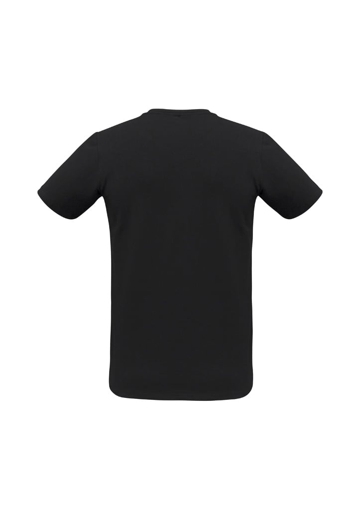 A black men's short sleeve tee with a classic cut, featuring a logo on the back.