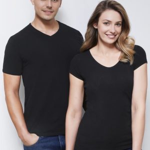 A black short sleeve tee for men and a black short sleeve tee for women, both with v-neck and scoop neck styles.