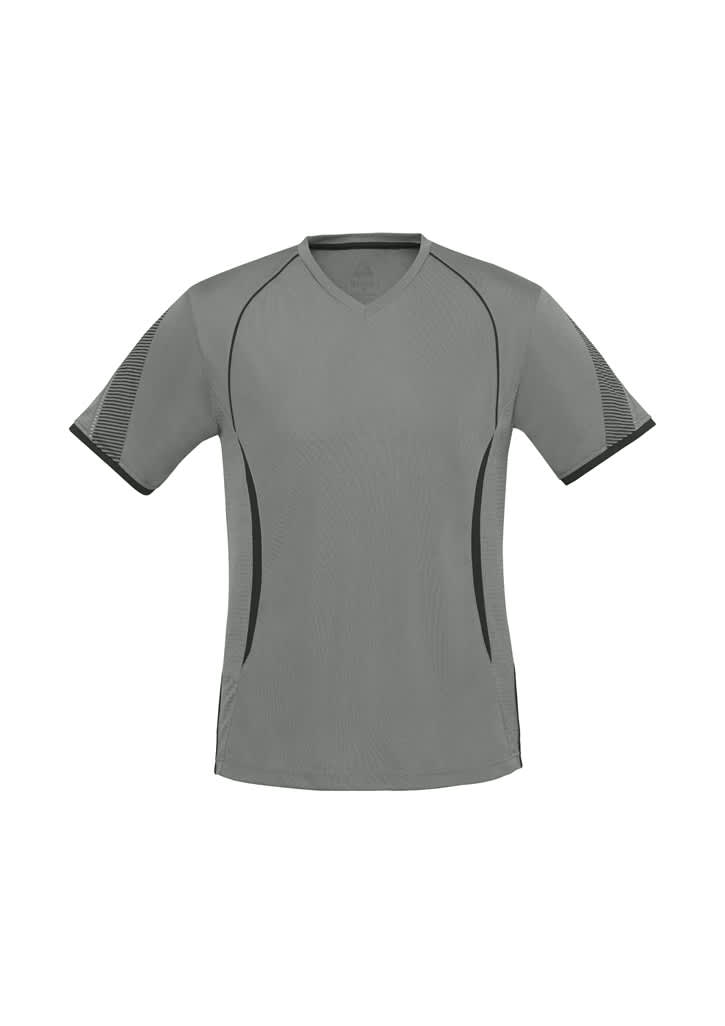 A grey Kids Razor Tee featuring short sleeves and a stylish design with contrasting panel details.
