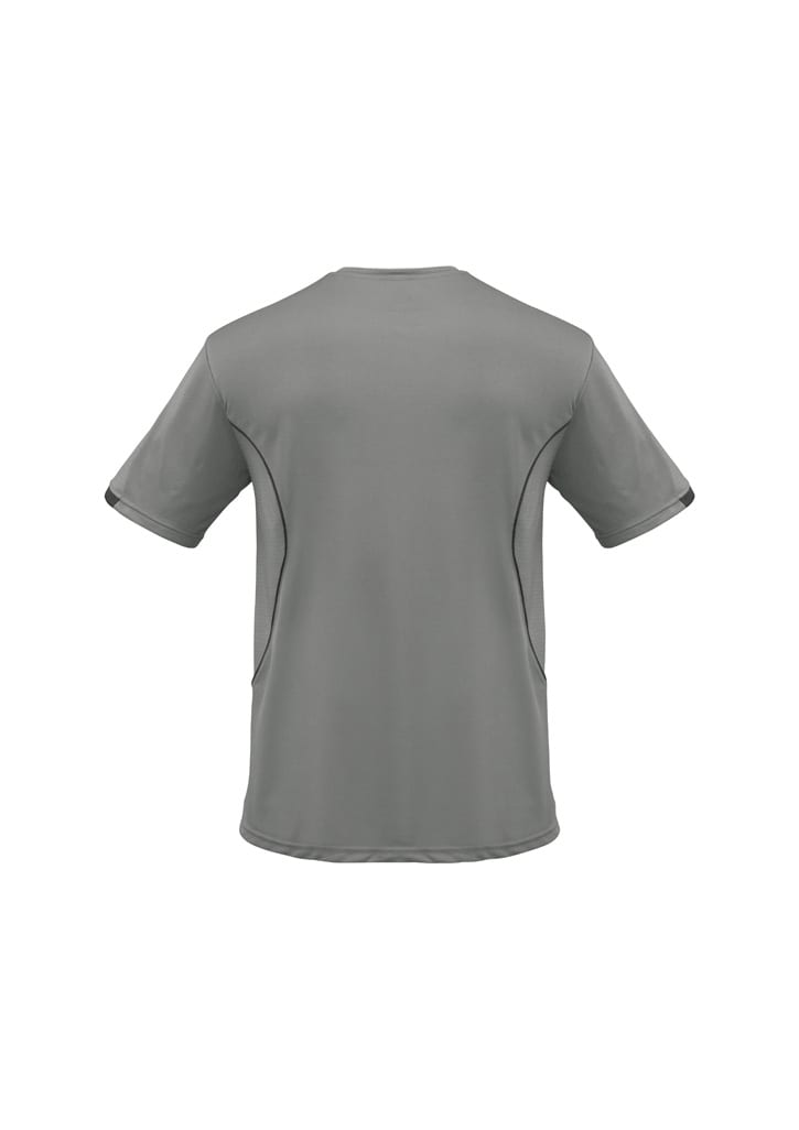 A grey Kids Razor Tee with short sleeves and contrasting side panels, featuring a logo.