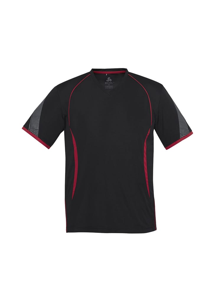 A black t-shirt with red accents and short sleeves, featuring a logo on the chest.