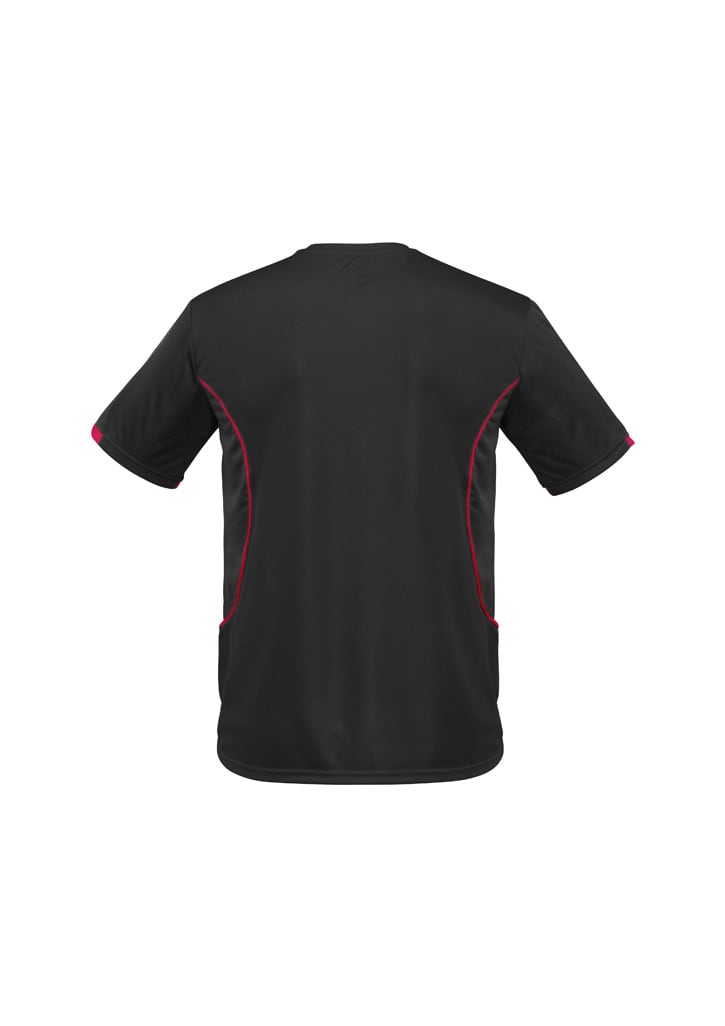 A black children’s t-shirt with red accents on the sleeves and sides, featuring a logo on the back.